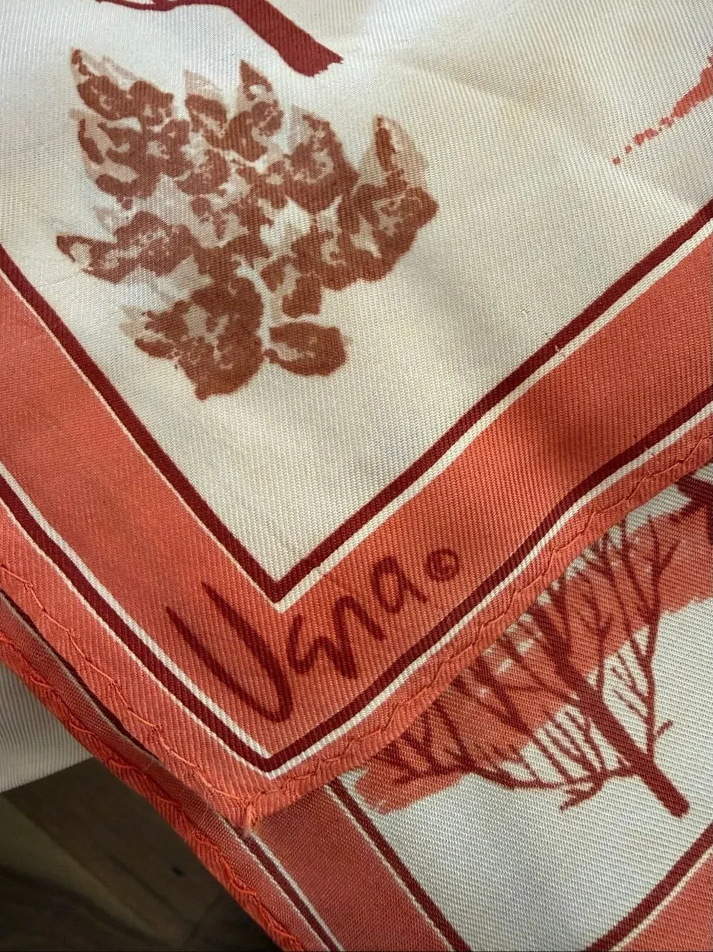 Vintage Vera Neumann Tree Playful Figure Silk Scarf Orange Brown 14” x 44”